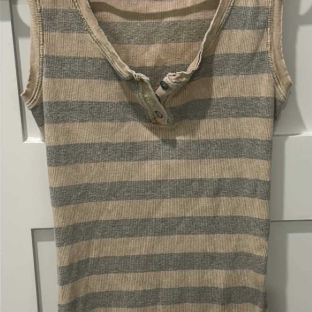 Vintage ONE WORLD 100% cotton Gray and Tan Striped Tank Top made USA y2k neutral